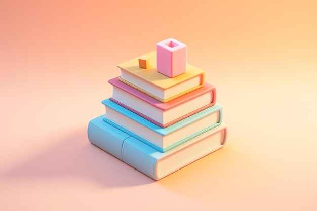 a stack of books with a pink and orange background.