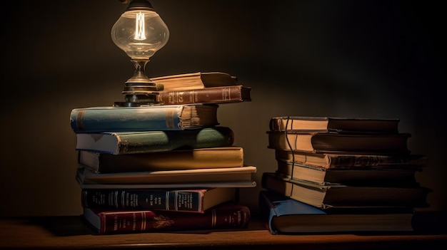 A stack of books with a reading lamp AI generated