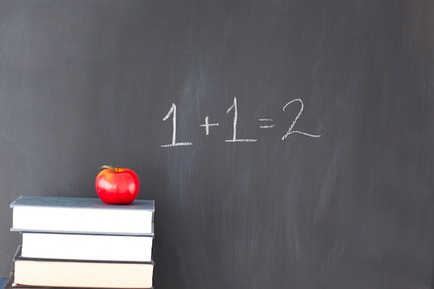 Stack of books with a red apple and a blackboard with "1+1=2" written on it
