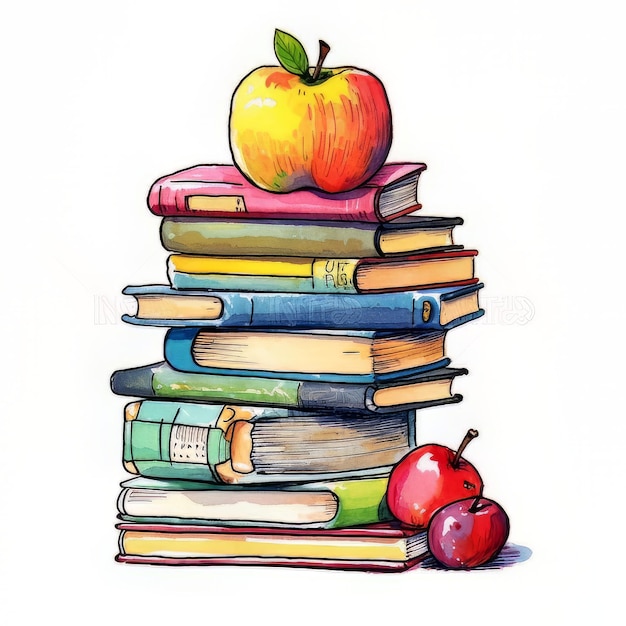 A stack of books with a red apple on top