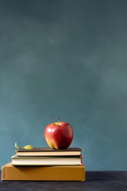 A stack of books with a red apple on top.