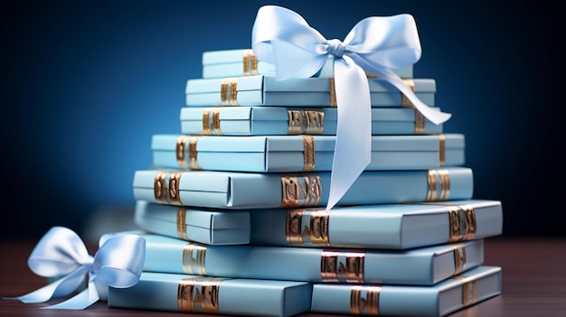 Stack of books with ribbon on light blue