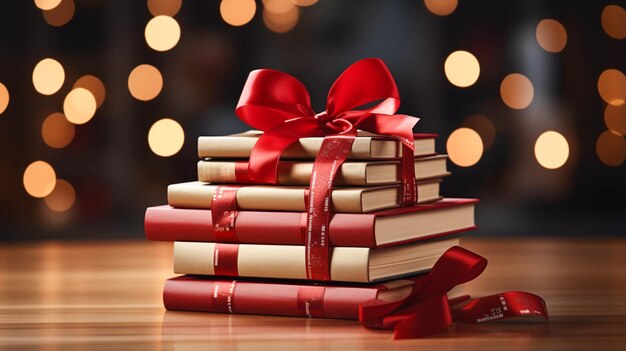 Photo stack of books with ribbon on red