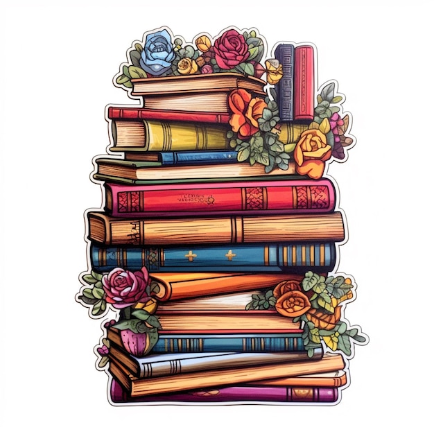 a stack of books with roses and leaves on top generative ai