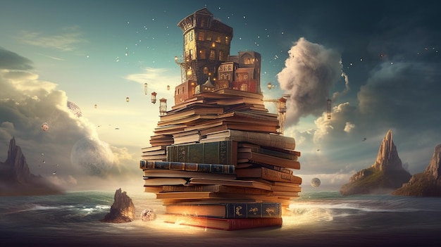 A stack of books with a sky background and a cloud with a sign that says'books '