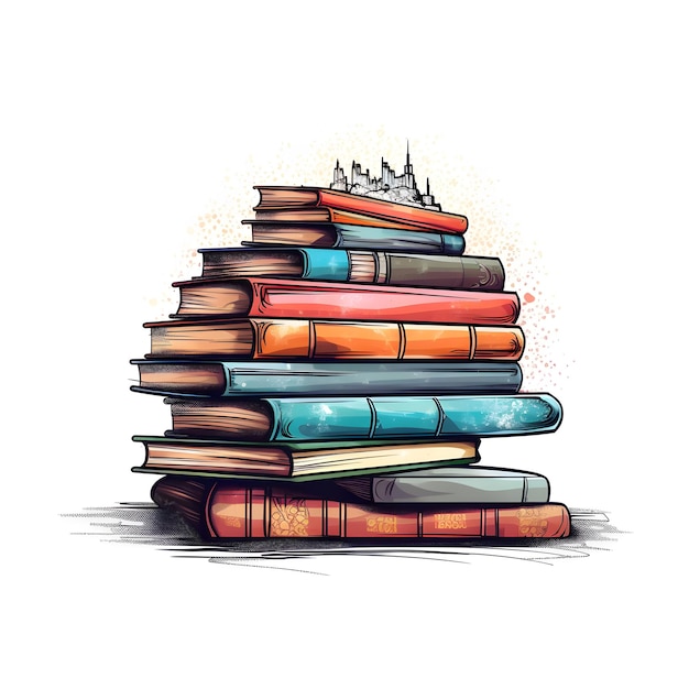 A stack of books with a small ship on top.