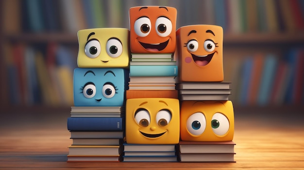 A stack of books with smiling faces