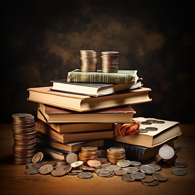 a stack of books with a stack of coins on top of it.