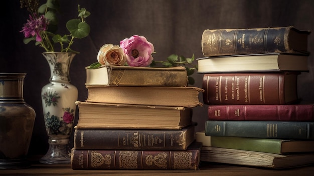 A stack of books with a vase of flowers on the table