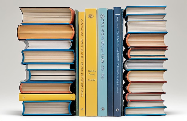 Stack of Books with Vibrant Pages Top Book with Open Yellow and Blue Colors