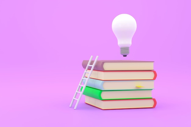 Stack of books with white ladder and illuminated light bulb on top of them