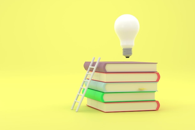 Photo stack of books with white ladder and illuminated light bulb on top of them