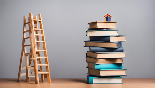 a stack of books with a wooden house on top of them