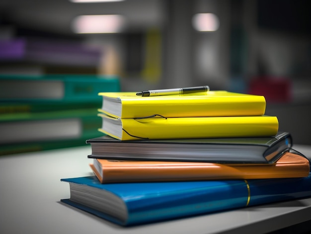 A stack of books with a yellow notebook on top of it