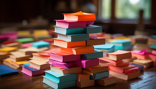 Photo stack of books on a wooden bookshelf symbolizing education and learning generated by ai