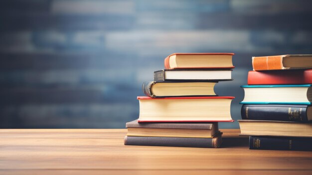 Photo stack of books on wooden table against a blurred background created with generative ai technology