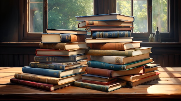 Стопка книг на деревянном столе