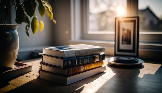 A stack of books on a wooden table