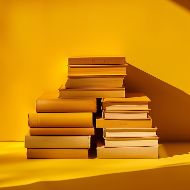 Stack of books on yellow background Education concept