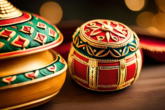 a stack of bowls with a red and green design on the top.