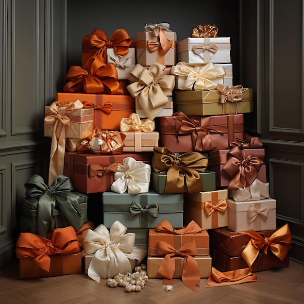a stack of boxes with a brown background with a bow on the top