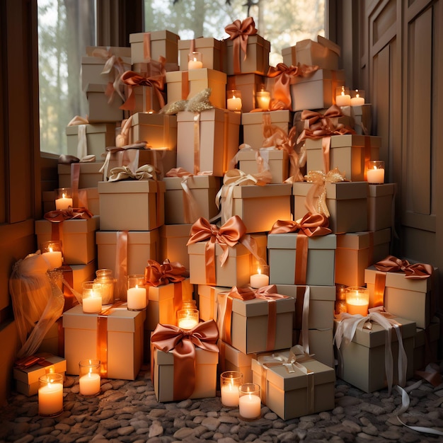 a stack of boxes with a candle that says quot gift quot on the bottom