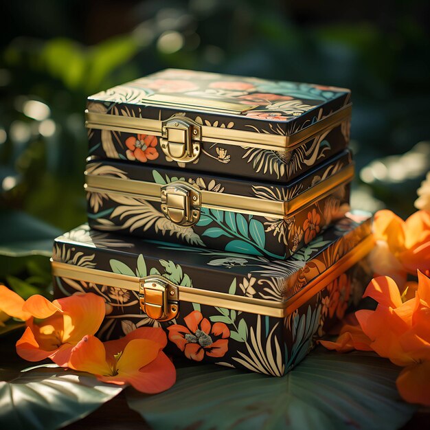 A stack of boxes with flowers on them and the word quot hibiscus quot on the top