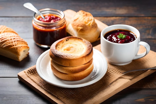 A stack of breads with jam and a cup of jam on a wooden table.