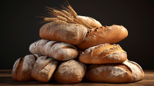 a stack of breads with wheat on top of them