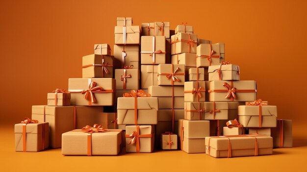 A stack of brown boxes with orange ribbon and one with a red bow.