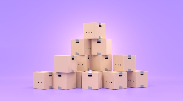 Stack of brown cardboard boxes isolated on purple background Parcel delivery service fast courier shipping storage and transporting freight and cargo warehouse logistic distribution 3d render