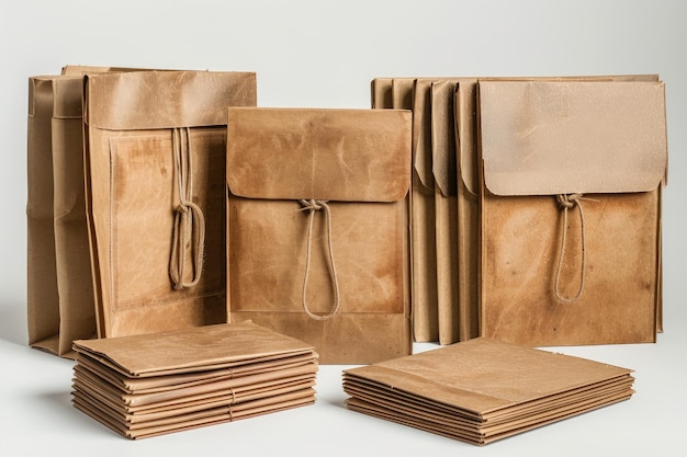 a stack of brown leather bags with a strap that says quot leather quot