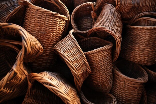 A stack of brown wicker baskets