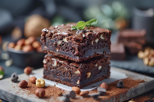 A stack of brownies sitting on top of a white plate next to nuts and a cup of coffee a stock photo