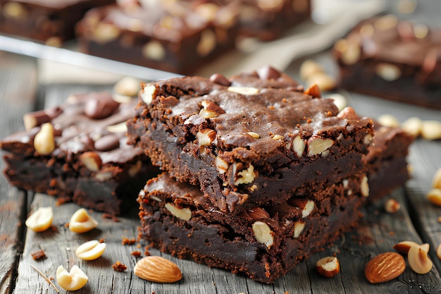 A stack of brownies with nuts on a wooden table with a knife and spoon in the background and a few