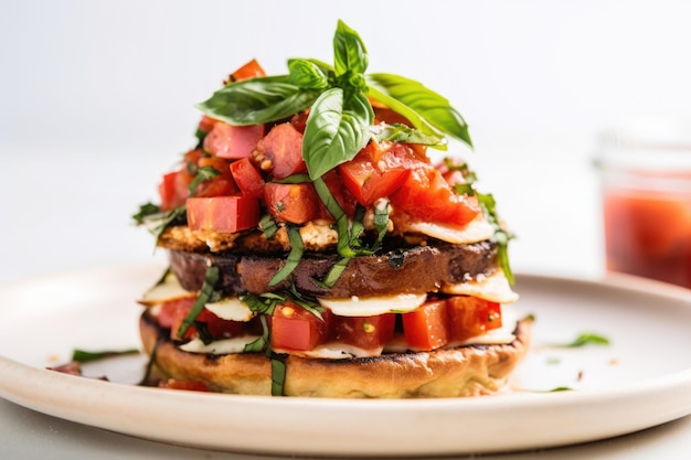 Stack of bruschetta arranged as a tower with fresh basil sprigs peeking out