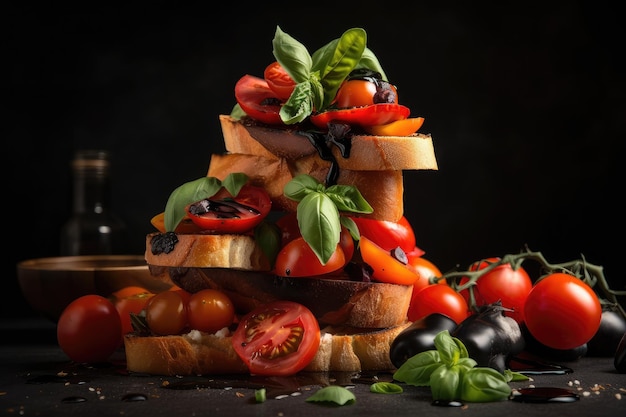 Stack of bruschetta with variety of toppings including tomatoes basil and balsamic