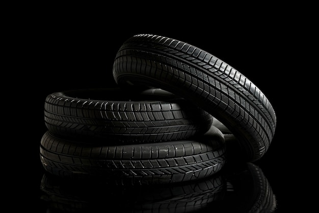 A stack of car tires the foreground in focus with deep treads visible against a dark background high