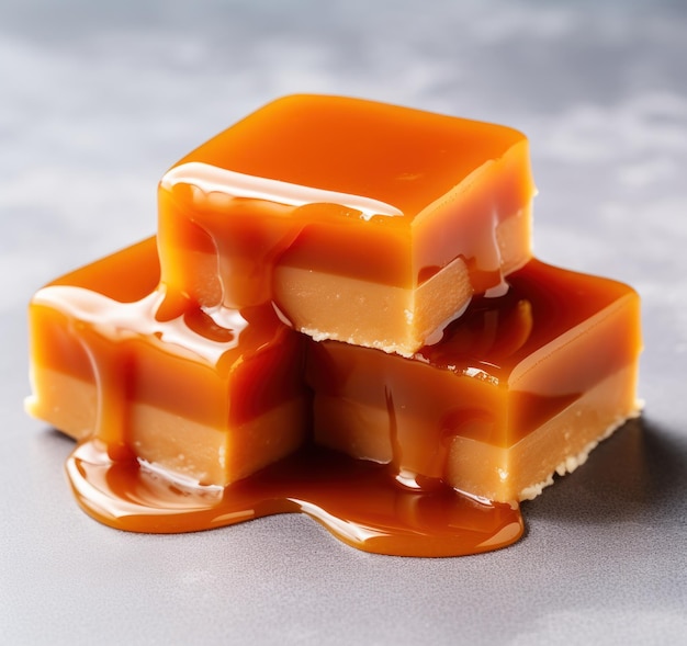 A stack of caramel squares with liquid on top