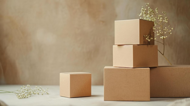 A stack of cardboard boxes in different sizes on a solid color background