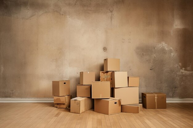 Photo a stack of cardboard boxes in an empty room generative by ai