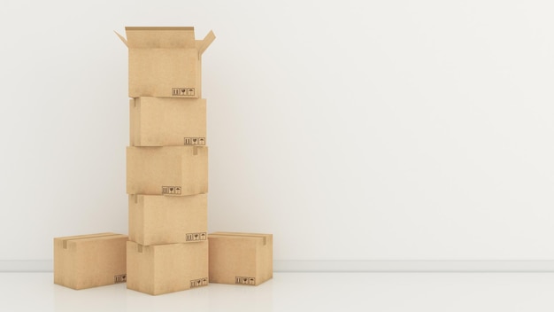 A stack of cardboard boxes in an empty room with the words'home'on the top left corner.