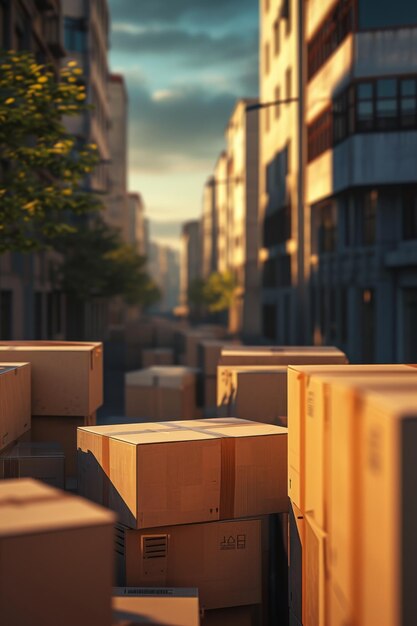 港への紙箱の積み重ね 物流業界の貨物輸送