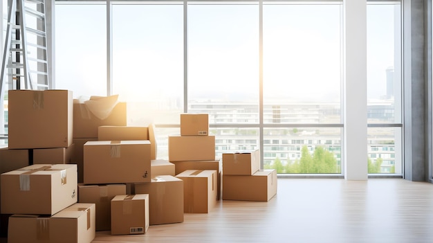 A stack of cardboard boxes in a room with a large window.