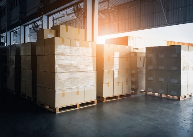 Stack of cardboard boxes waiting for load into truck container. Cargo freight , Shipment, Delivery warehousing service.