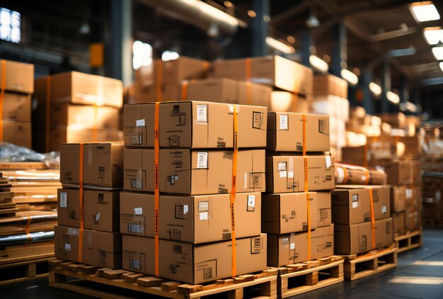 a stack of cardboard boxes in a warehouse