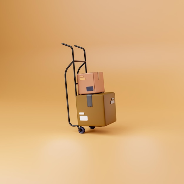 Stack of cardboard boxes with hand truck Transfer cargo delivery logistics and distribution 3D Render Illustration