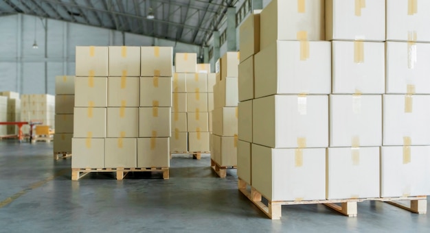 Stack of cardboard boxes on wooden pallets