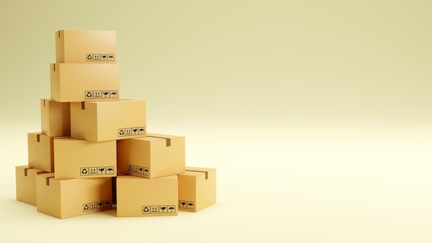 Stack of cardboard carton boxes parcel on color background 3D illustration