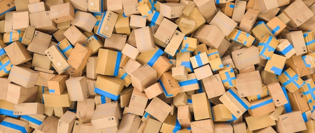 Stack of cardboard delivery boxes or parcels panoramic banner shipping and logistics concept image